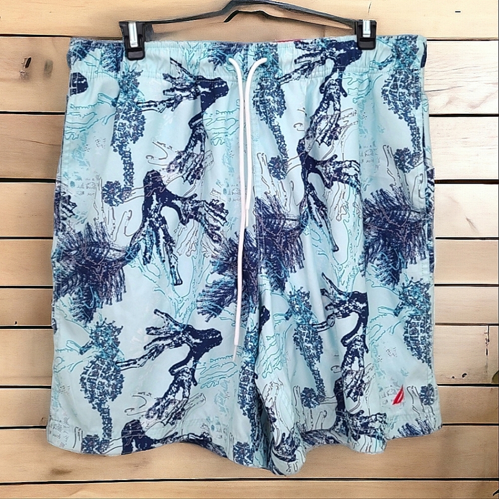 Nautica Men's Blue Coral Reef & Seahorse Print Swim Trunks Size Large